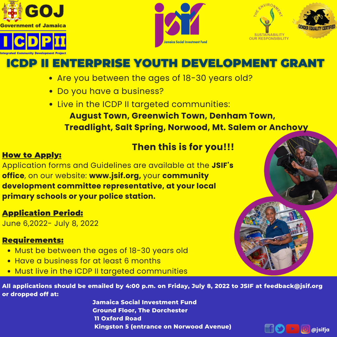 Application now open for the Government of Jamaica Integrated Community Development Project - II Enterprise Youth Grant Cycle 3.