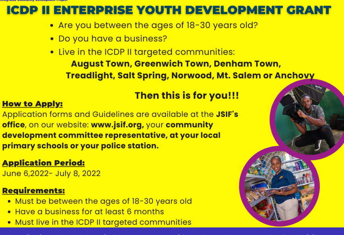 Application now open for the Government of Jamaica Integrated Community Development Project - II Enterprise Youth Grant Cycle 3.